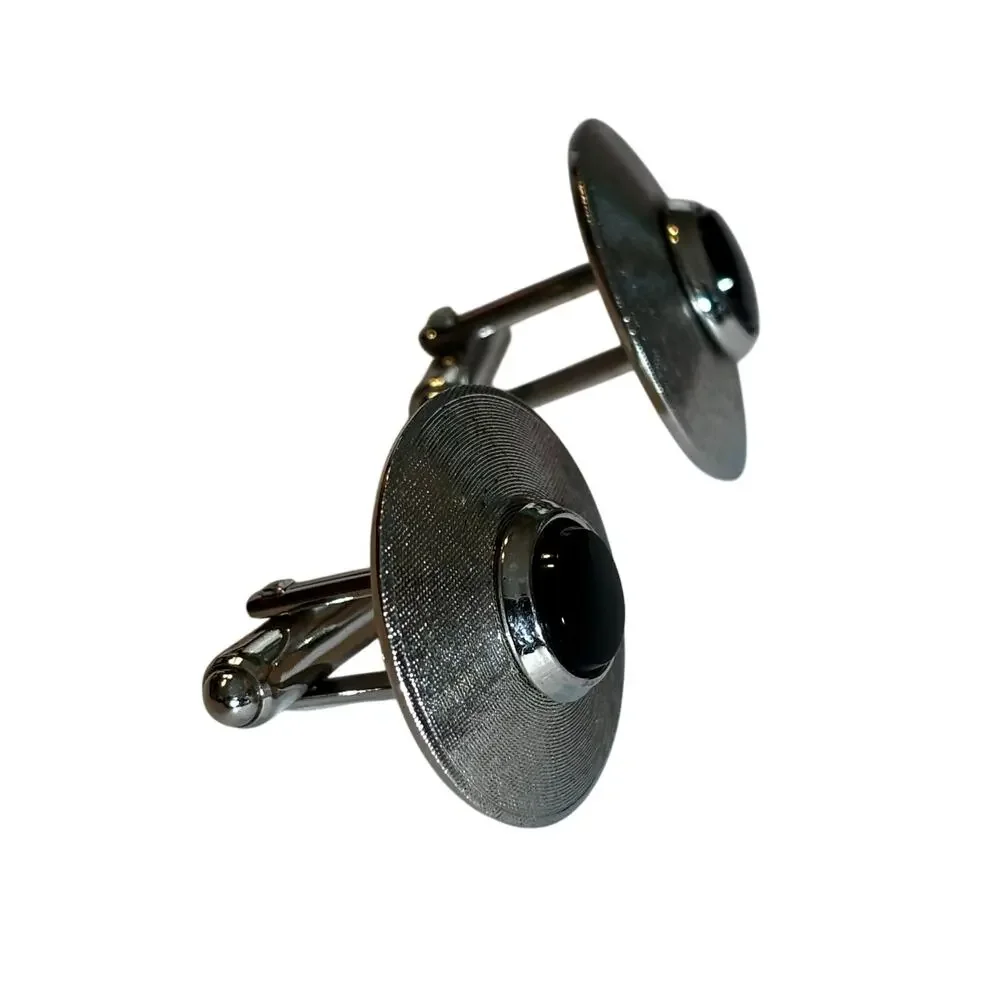 Mid Century silver textured round cufflinks with black enamel centers vintage